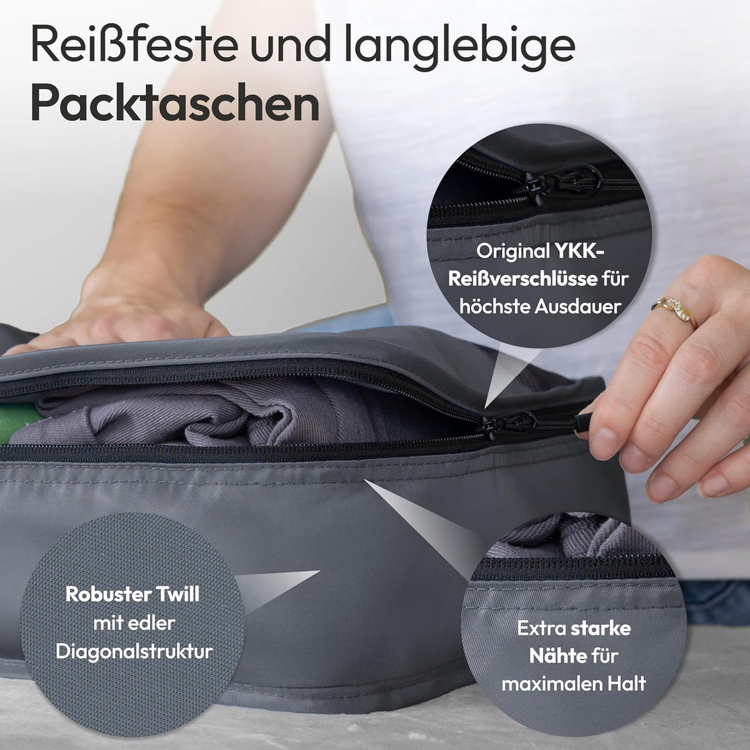Packing Cubes 5-teilig – robustes Koffer Organizer Set aus strapazierfähigem Twill mit YKK-Zippern –