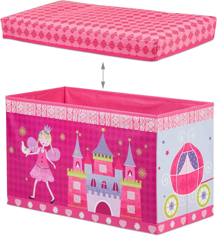 Relaxdays Sitzbox Kinder, Faltbare Aufbewahrungsbox mit Stauraum, Deckel, Prinzessin & Fee, 50 Liter