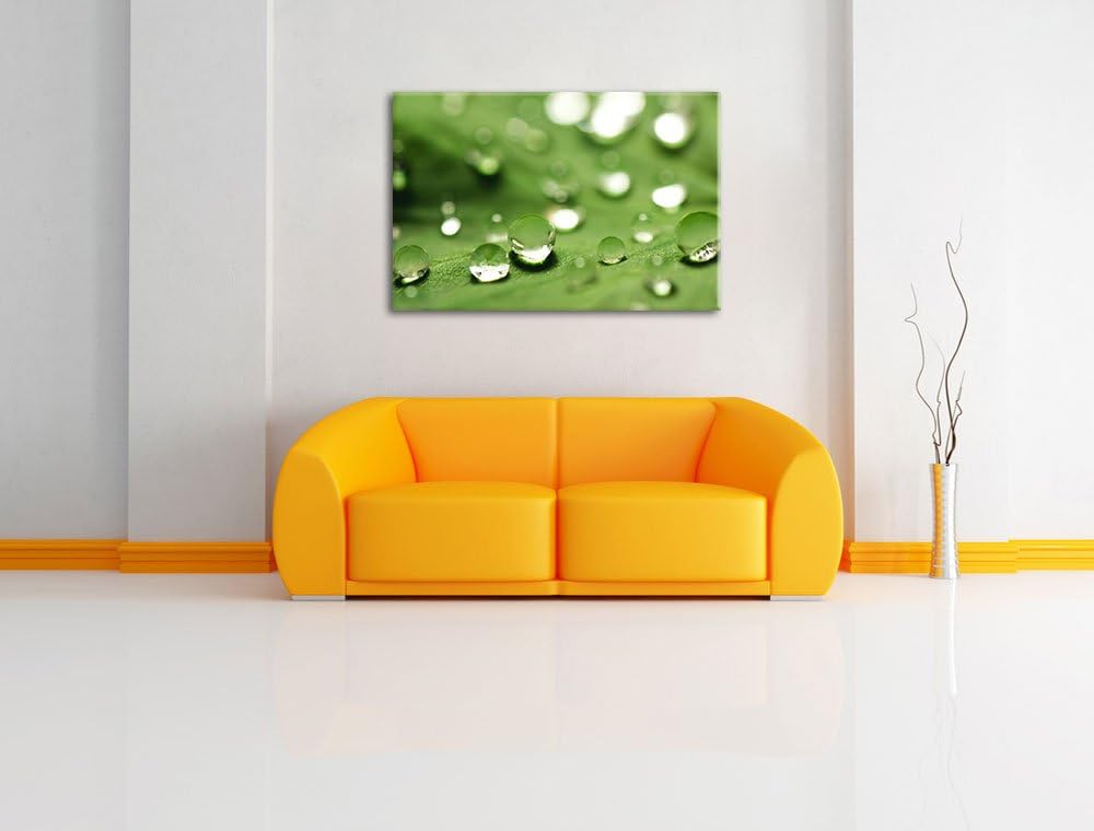 Pixxprint Wassertropfen auf Blatt auf Leinwand, XXL riesige Bilder fertig gerahmt mit Keilrahmen, Ku