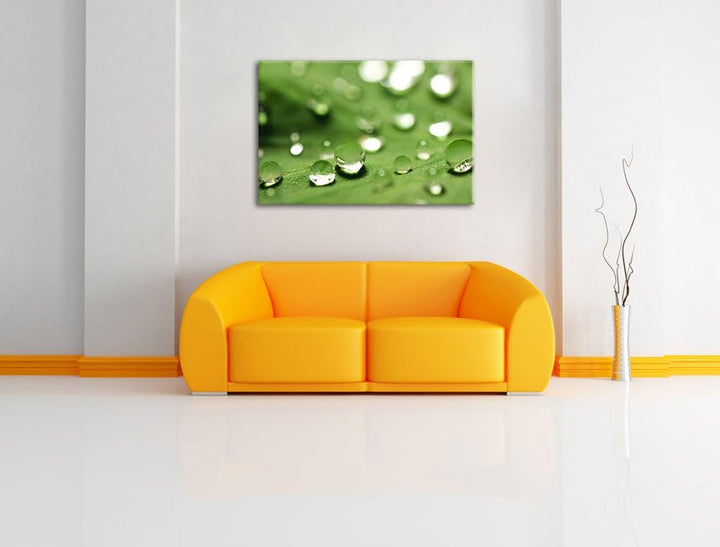 Pixxprint Wassertropfen auf Blatt auf Leinwand, XXL riesige Bilder fertig gerahmt mit Keilrahmen, Ku