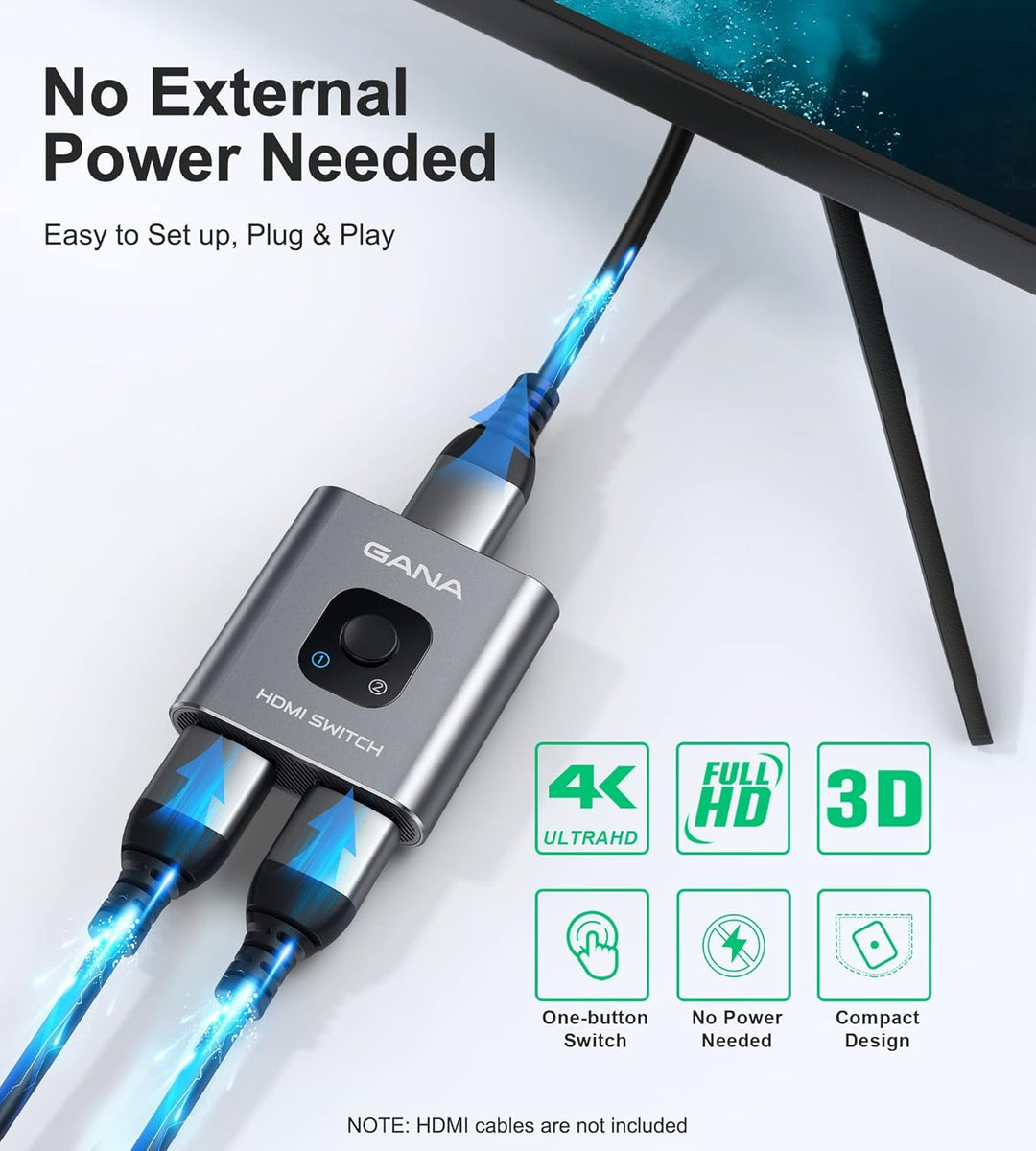 GANA HDMI-Switch 4 K 60 Hz – Bidirektionaler Schalter aus Aluminium, 2 Eingänge, 1 Ausgang/1 Eingang