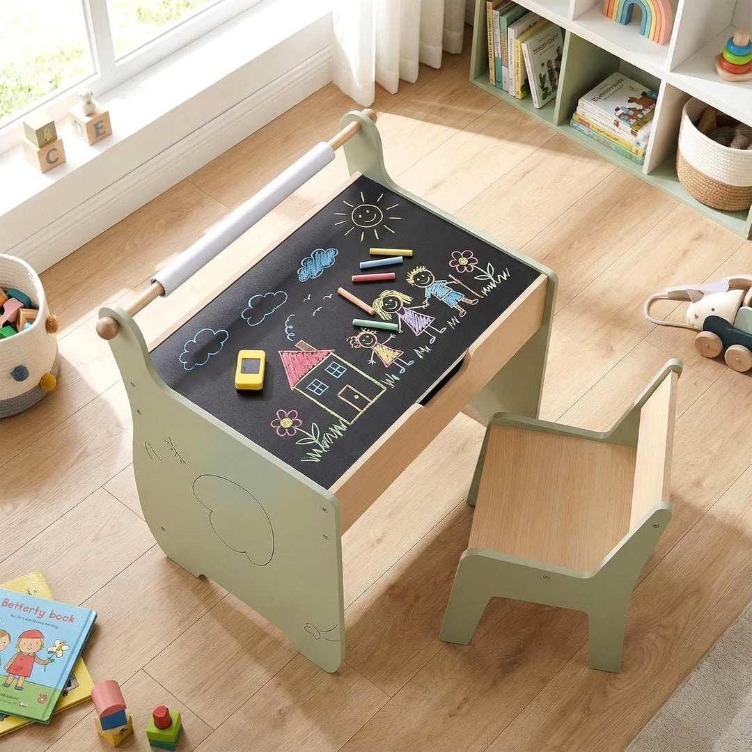 FANTASK 4 in 1 Holz Kindertisch mit Stuhl, wendbare & abnehmbare Tischplatte, Maltisch mit Stauraum