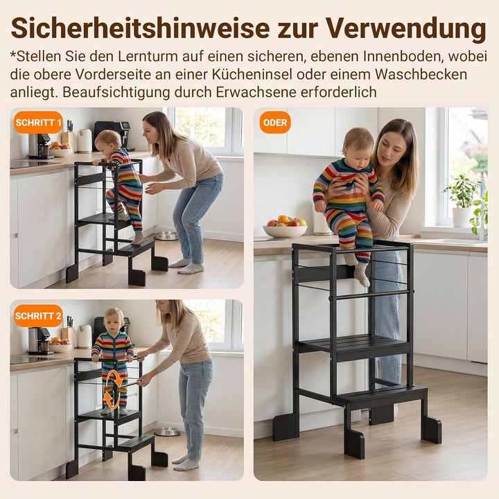 COSYLAND Lernturm ab 1 Jahr Montessori Learning Tower Stahl Stabil, Schwarz | Stabiler Toddler Tower
