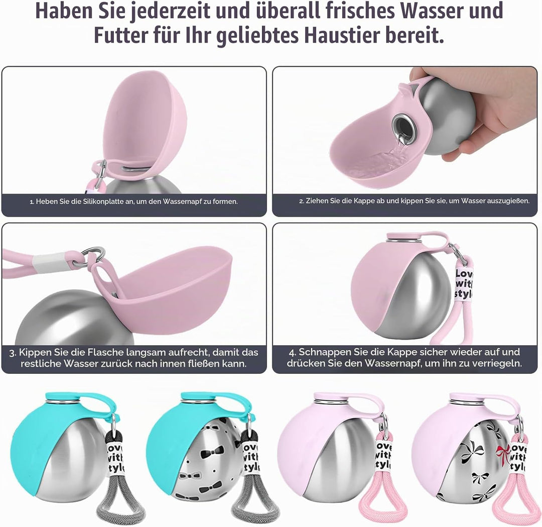 Trinkflasche Hunde für Unterwegs, Hundetrinkflasche für Unterwegs mit Silikonnapf, 285ML Edelstahl A
