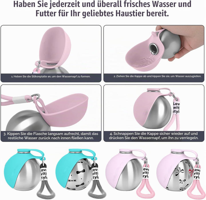 Trinkflasche Hunde für Unterwegs, Hundetrinkflasche für Unterwegs mit Silikonnapf, 285ML Edelstahl A