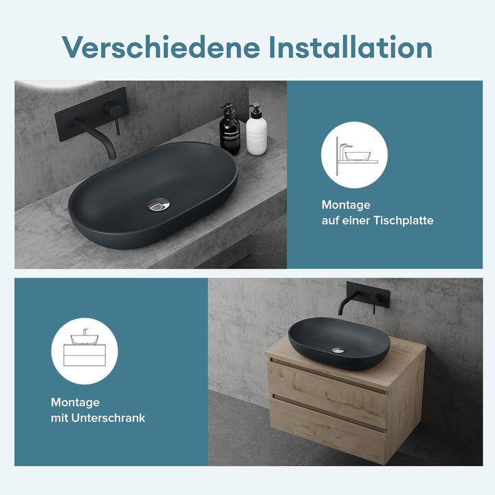 doporro Design Waschbecken Bad 54x34x10,5cm | Waschtisch aus hochwertigem Guss-Marmor in Anthrazit m