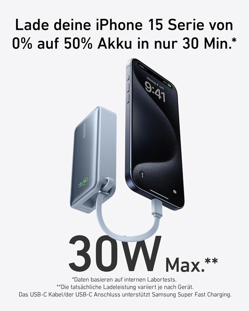 Anker Nano Powerbank,10.000mAh Powerbank mit eingebautem USB-C Kabel, PD 30W Höchstleistung mit 1x U