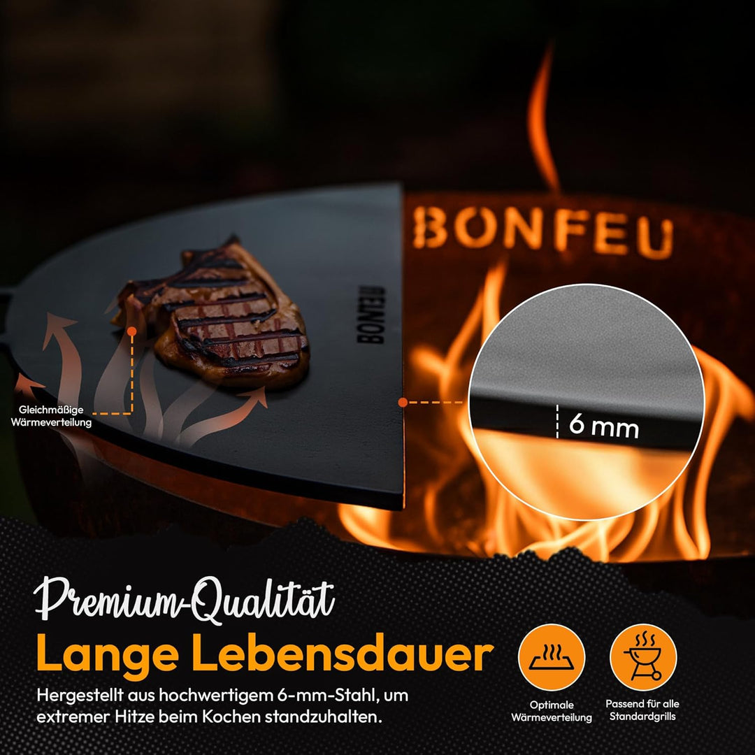 BonFeu Plancha Feuerplatte ½ Ø100cm - 6mm Dick - Grillplatte Rund - Grillplatte für Feuertonne - Feu