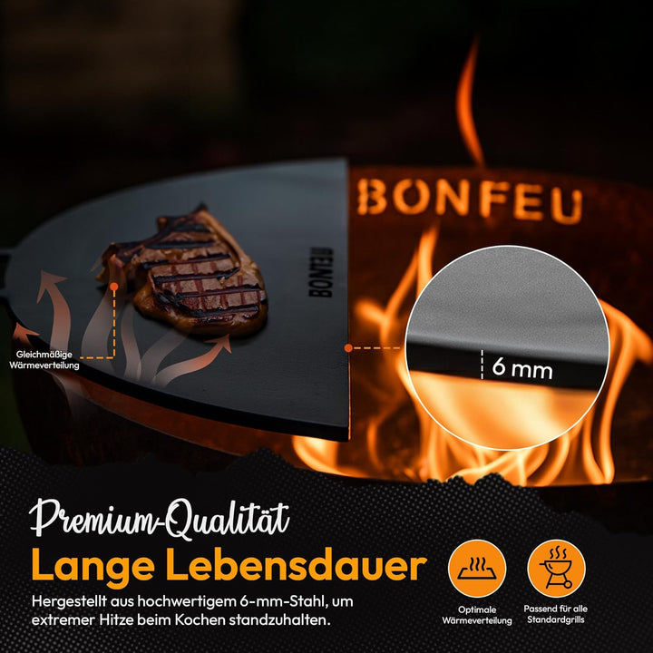 BonFeu Plancha Feuerplatte ½ Ø100cm - 6mm Dick - Grillplatte Rund - Grillplatte für Feuertonne - Feu