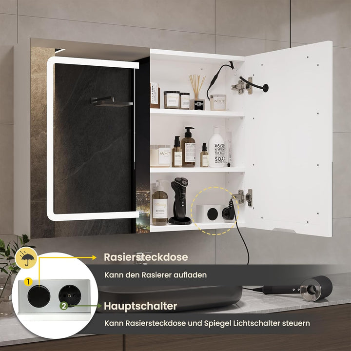 DICTAC Badezimmer spiegelschrank mit Beleuchtung 80x60x16cm Spiegelschrank Bad mit LED und Steckdose