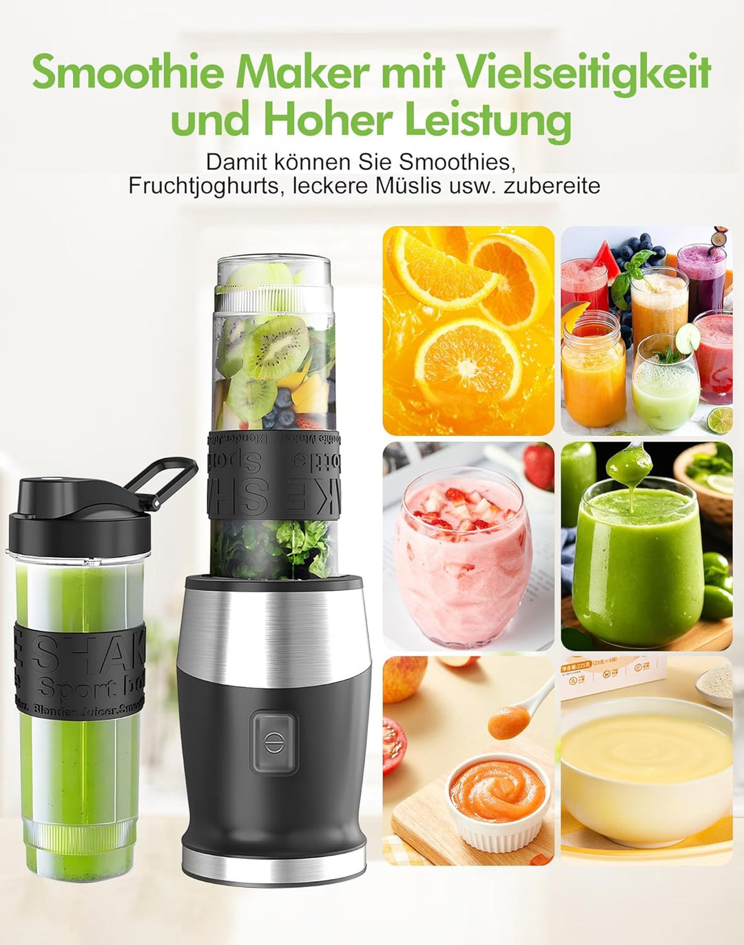 Mixer, 500W Smoothie Maker, Standmixer & Mixer Smoothie Maker mit 2x570ml Smoothie Flaschen BPA frei