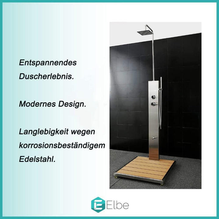 Elbe® Gartendusche aus gebürstetem Edelstahl 304, Überkopfdusche, Fussdusche und Handbrause, mit Ein