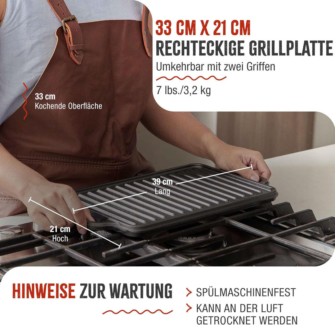 VICTORIA Grillplatte Emailliertes Gusseisen Grillpfanne 33 X 21cm Doppelseitig Verwendbar, für Feuer