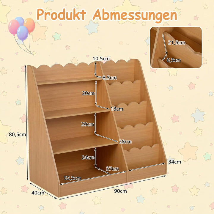 COSTWAY Kinder Bücherregal aus Holz, 5 stufiges Kinderregal mit 4 offenen Ablagen & versteckem Ablag