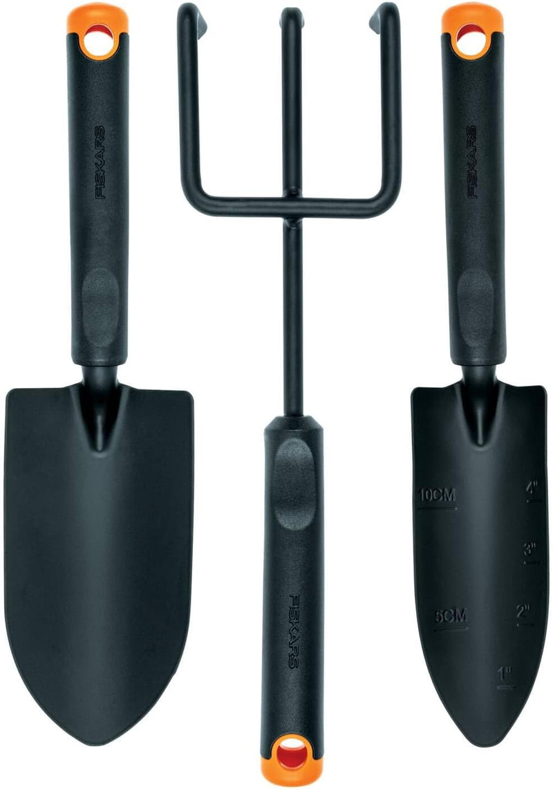 Fiskars Gartenwerkzeuge-Set, 3-teilig, Blumenrechen, Blumenkelle, Pflanzkelle, Rostfreier Stahlkopf/