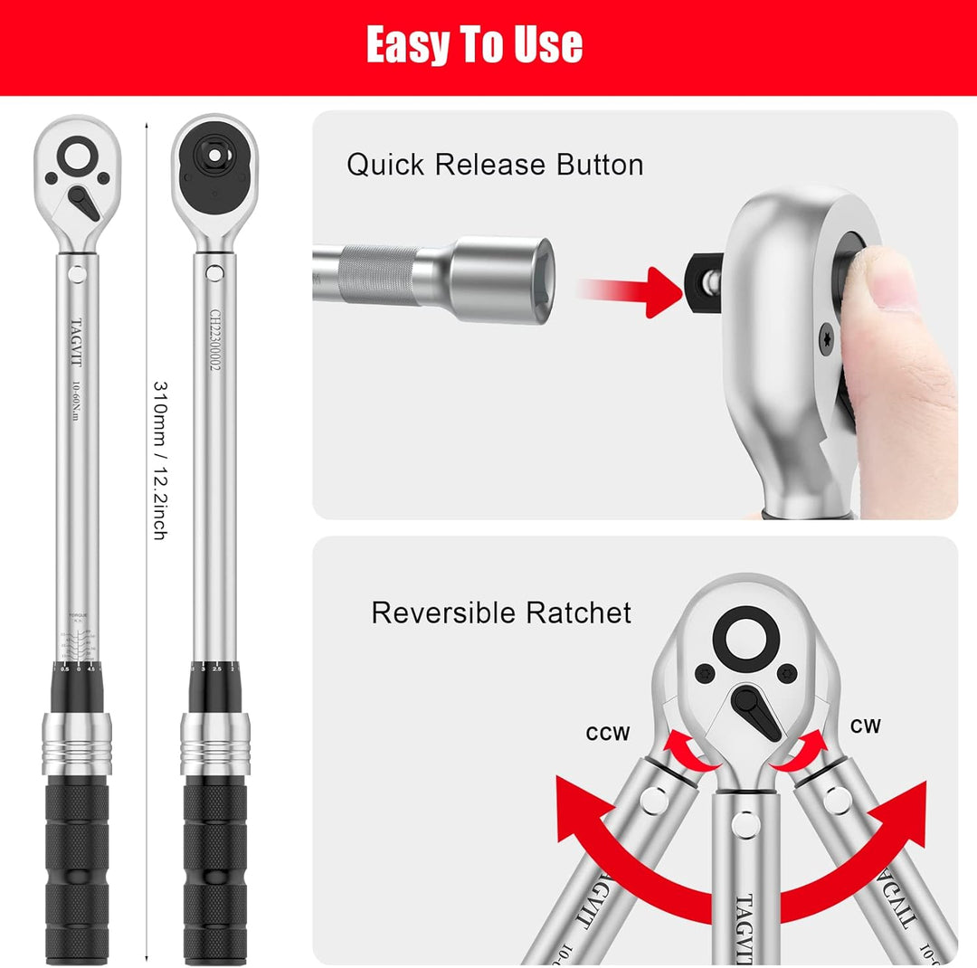 TAGVIT Drehmomentschlüssel 3/8", ± 3% Fehlergenauigkeit, 10-60 NM Drehmomentschlüssel mit Einer Trag