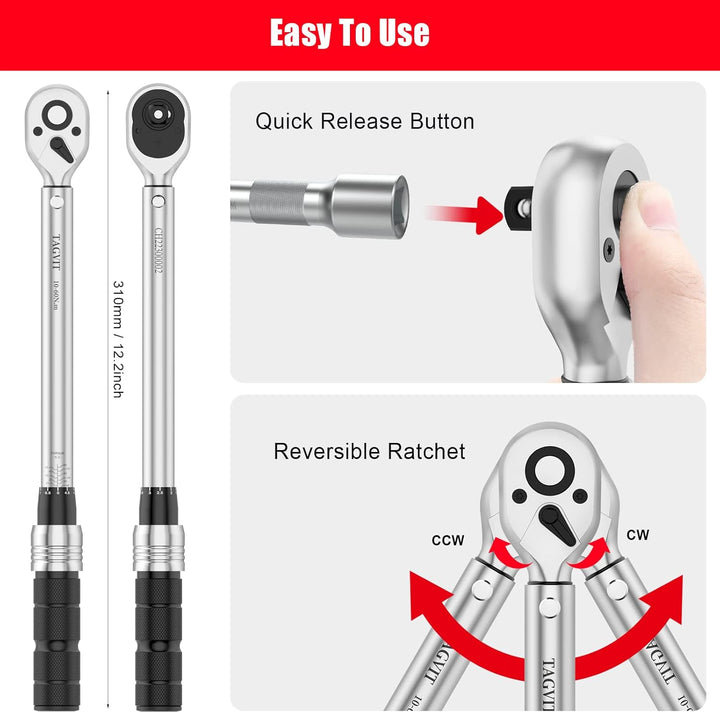 TAGVIT Drehmomentschlüssel 3/8", ± 3% Fehlergenauigkeit, 10-60 NM Drehmomentschlüssel mit Einer Trag