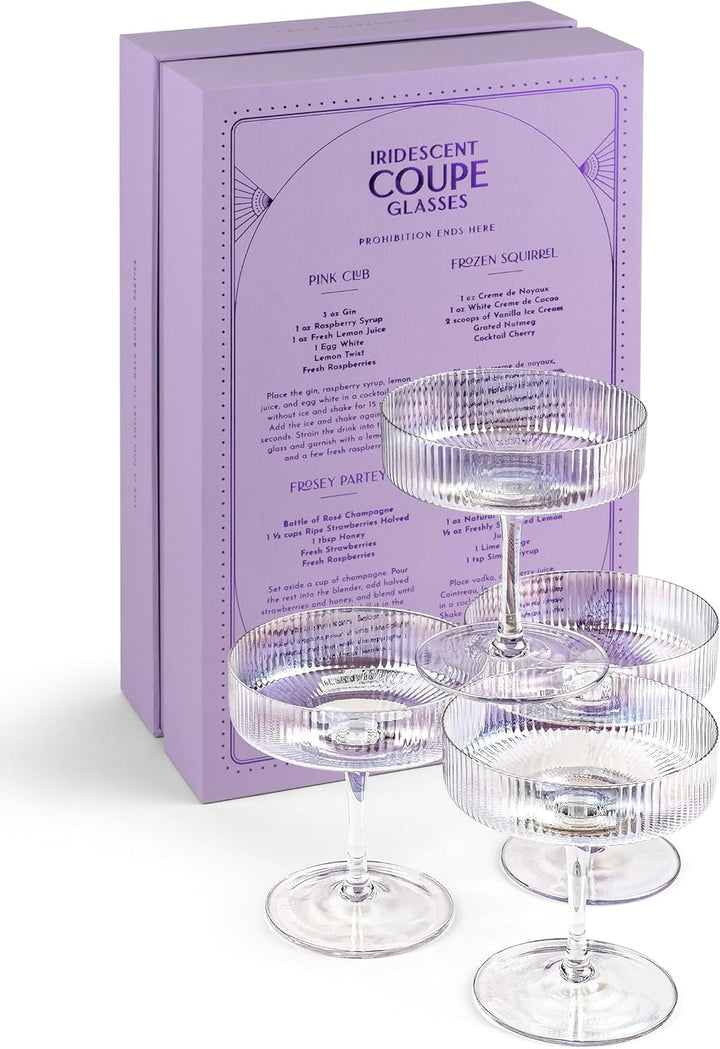 GLASSIQUE CADEAU Vintage Art Deco Schillernde Gerippte Coupe Gläser | 4er Set | 200 ml Regenbogen Co