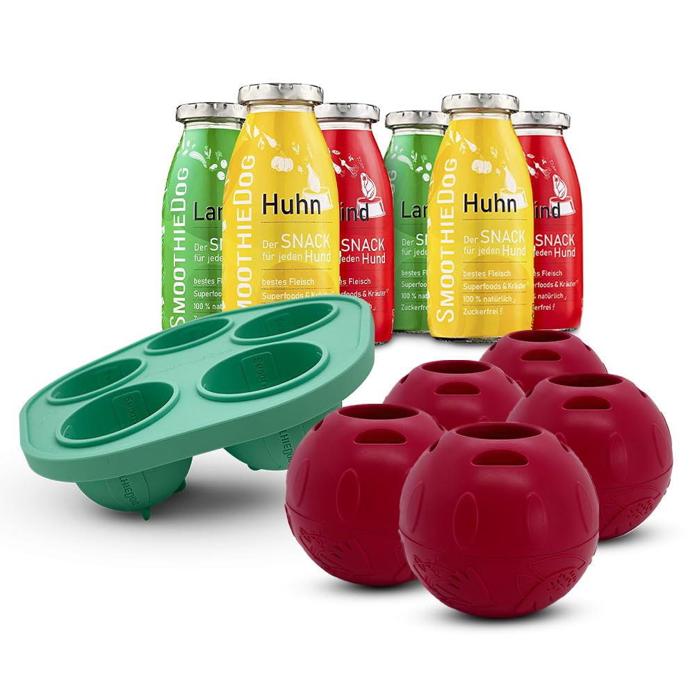 SmoothieDog Schleckball-Set + 4 Schleckbälle Hundesmoothie 6er Mix Klassik (250ml) - Schleckball für