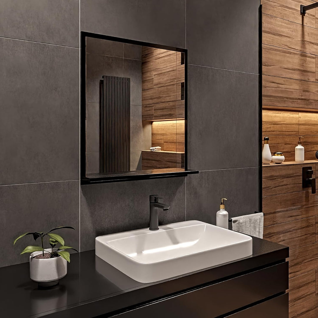 Badspiegel mit Ablage Schwarz - H:70 x B: 60 cm - Bathroom Mirror - Moderner Badezimmer Spiegel Rech