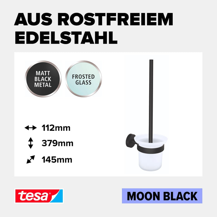 tesa MOON BLACK WC-Garnitur, Set mit Halter &amp; WC-Bürste, matt schwarz, satiniertes Glas - für Bäder