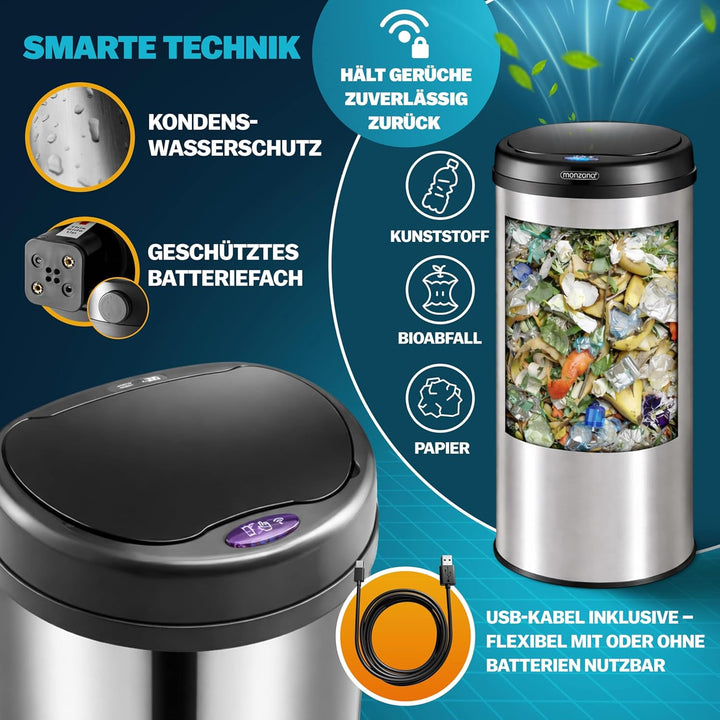 Monzana Sensor Abfalleimer 56L Automatischer Mülleimer LED Anzeige Müllbehälter berührungslos Bewegu