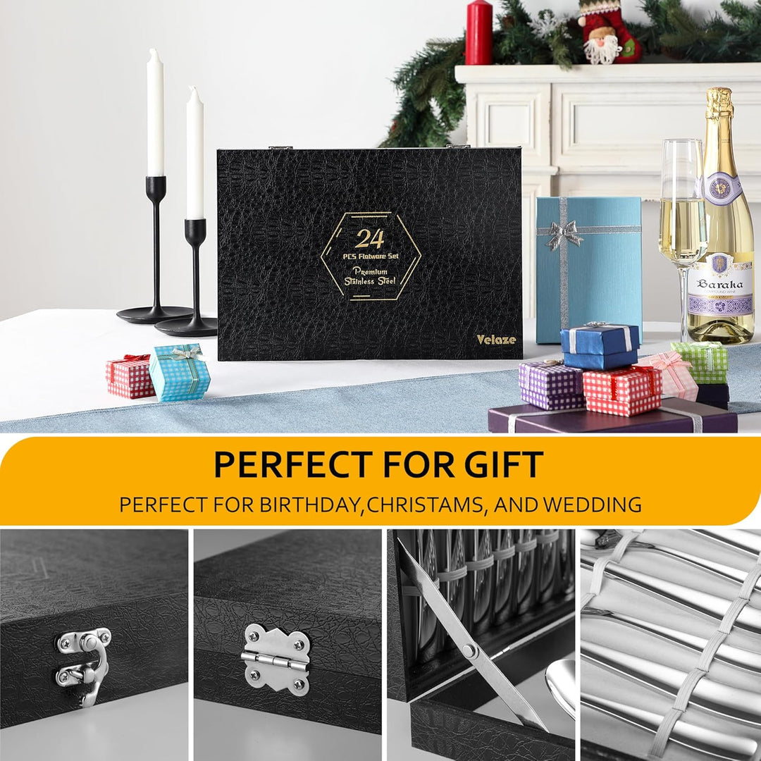Velaze Besteck Set 6 Personen aus Premium-Edelstahl, Besteckset mit Schöner Geschenkbox, Spiegelpoli