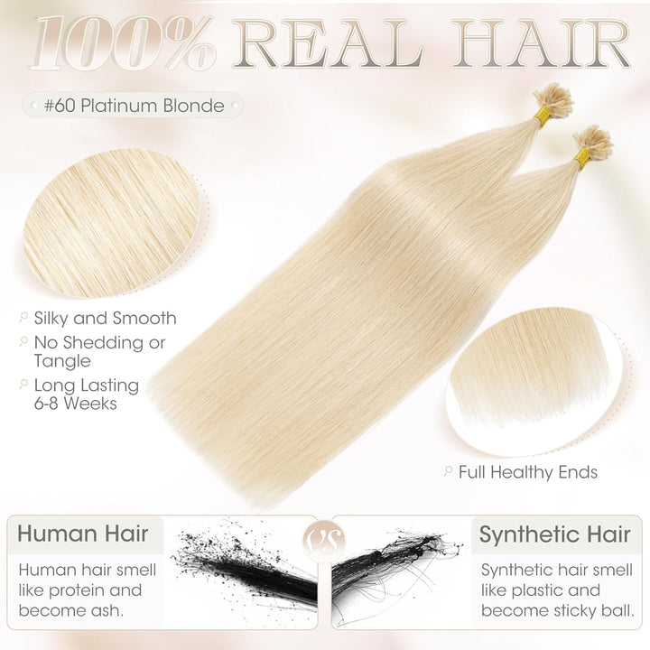 Elailite Extensions Echthaar Bonding 1g/s 45cm #60 Platinblond U Tip Hair Extensions Haarverlängerun