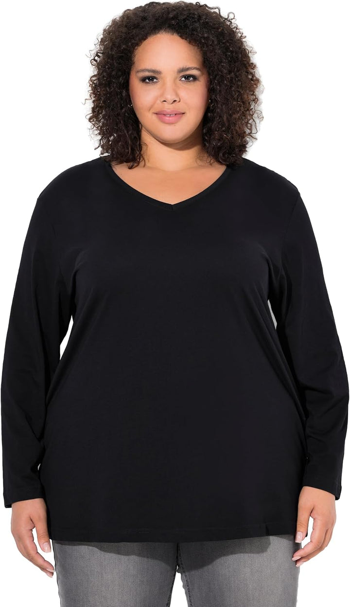 Ulla Popken Damen Basic-v-Shirt, Langarm Langarmshirt 46-48 Schwarz, 46-48 Schwarz