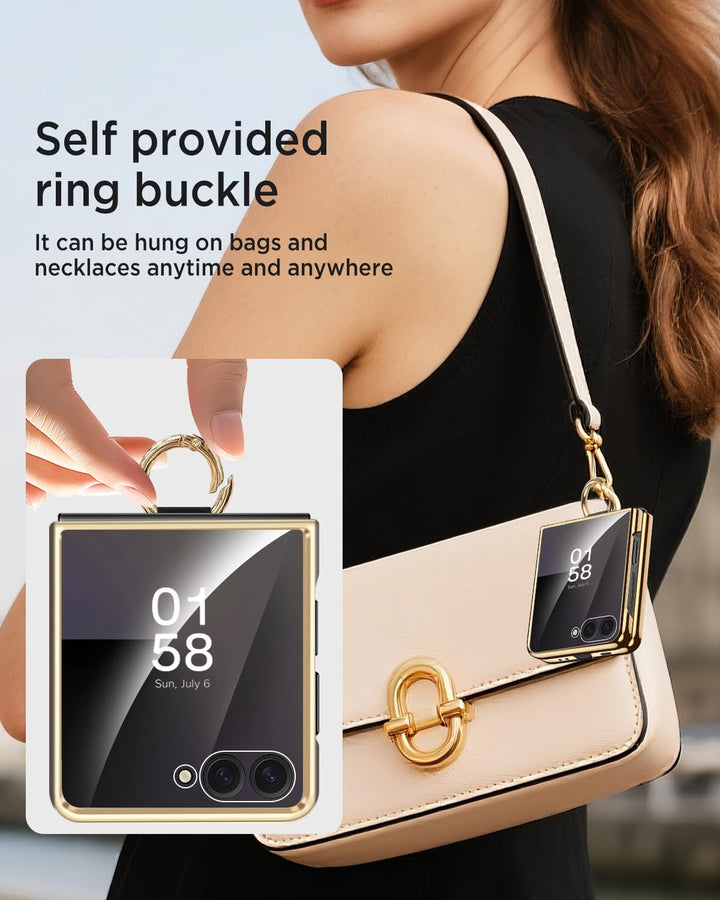 Miimall Lederhülle Kompatibel mit Samsung Galaxy Z Flip 7 Hülle mit Ring Ständer & Kameraschutz [Lux