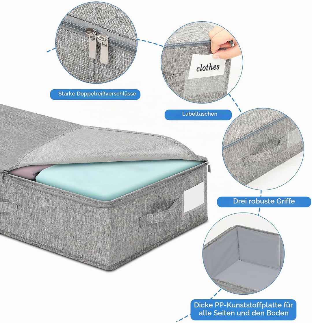 Cozary 2 Stück Unterbett Aufbewahrungsbox Stabil, Faltbare Aufbewahrungsboxen mit Deckel, 3 Griffen