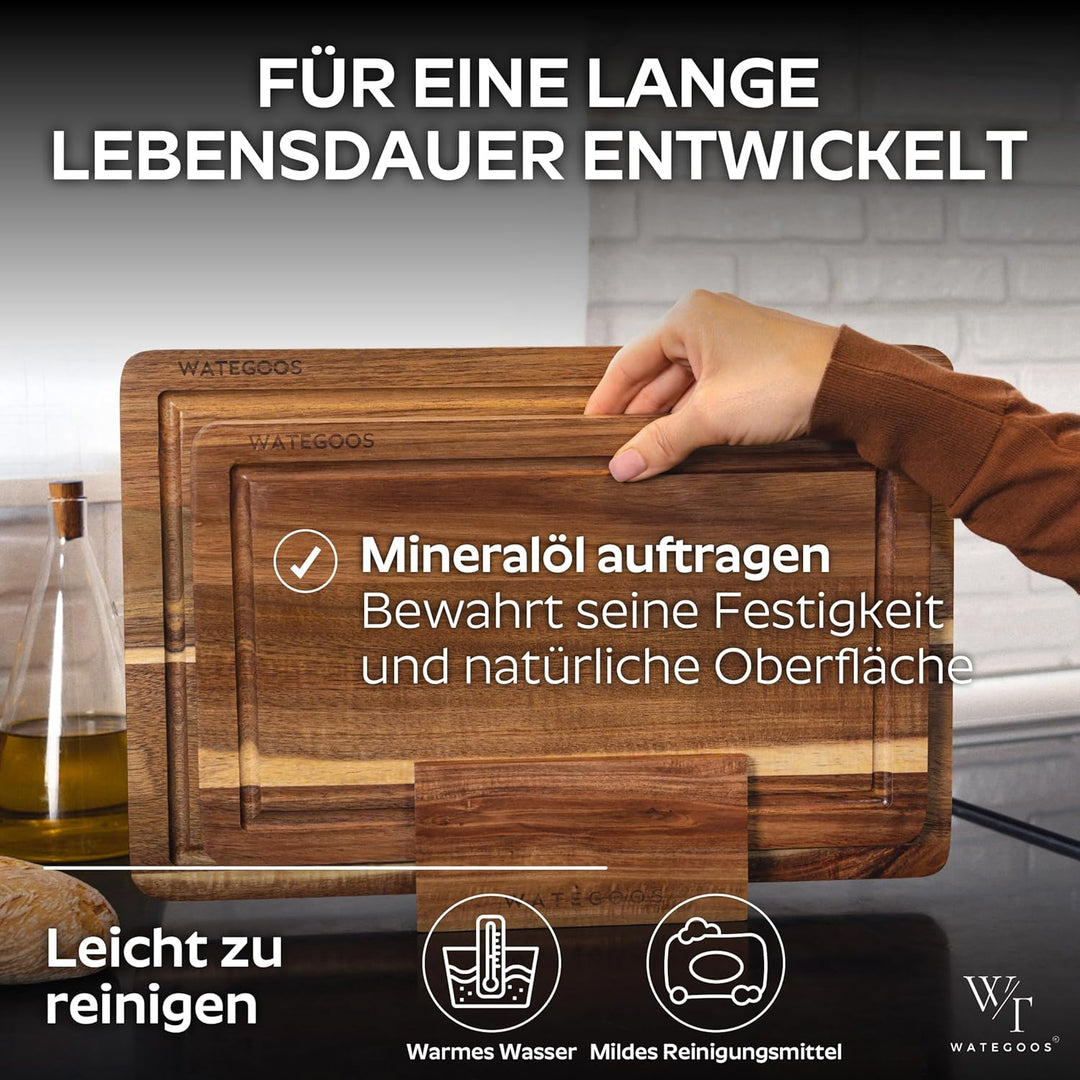 Schneidebrett aus Akazienholz mit Halter – 2 Holz Schneidebretter gross und klein – umweltfreundlich