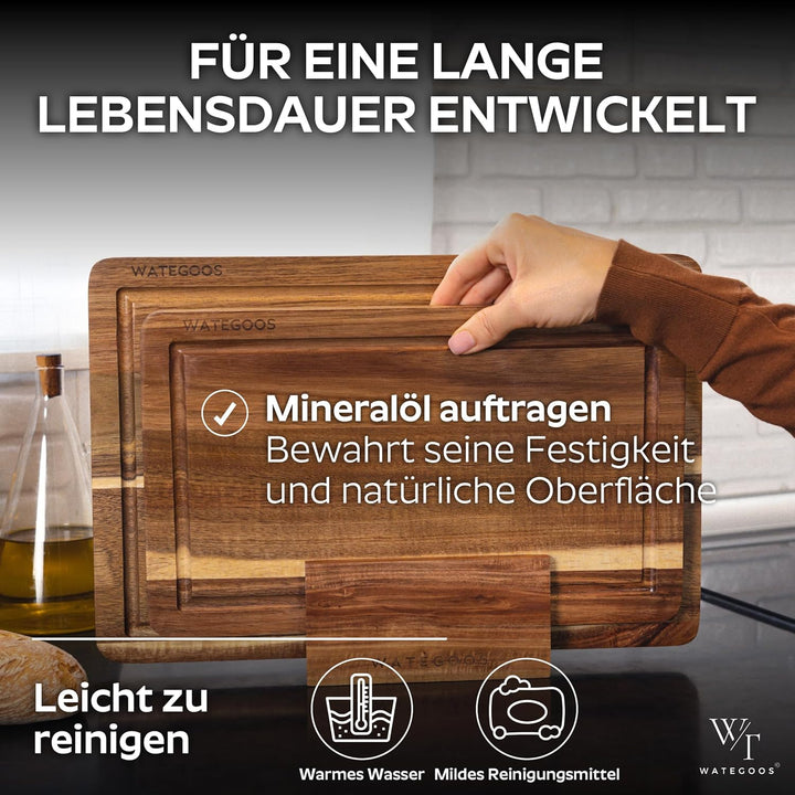 Schneidebrett aus Akazienholz mit Halter – 2 Holz Schneidebretter gross und klein – umweltfreundlich