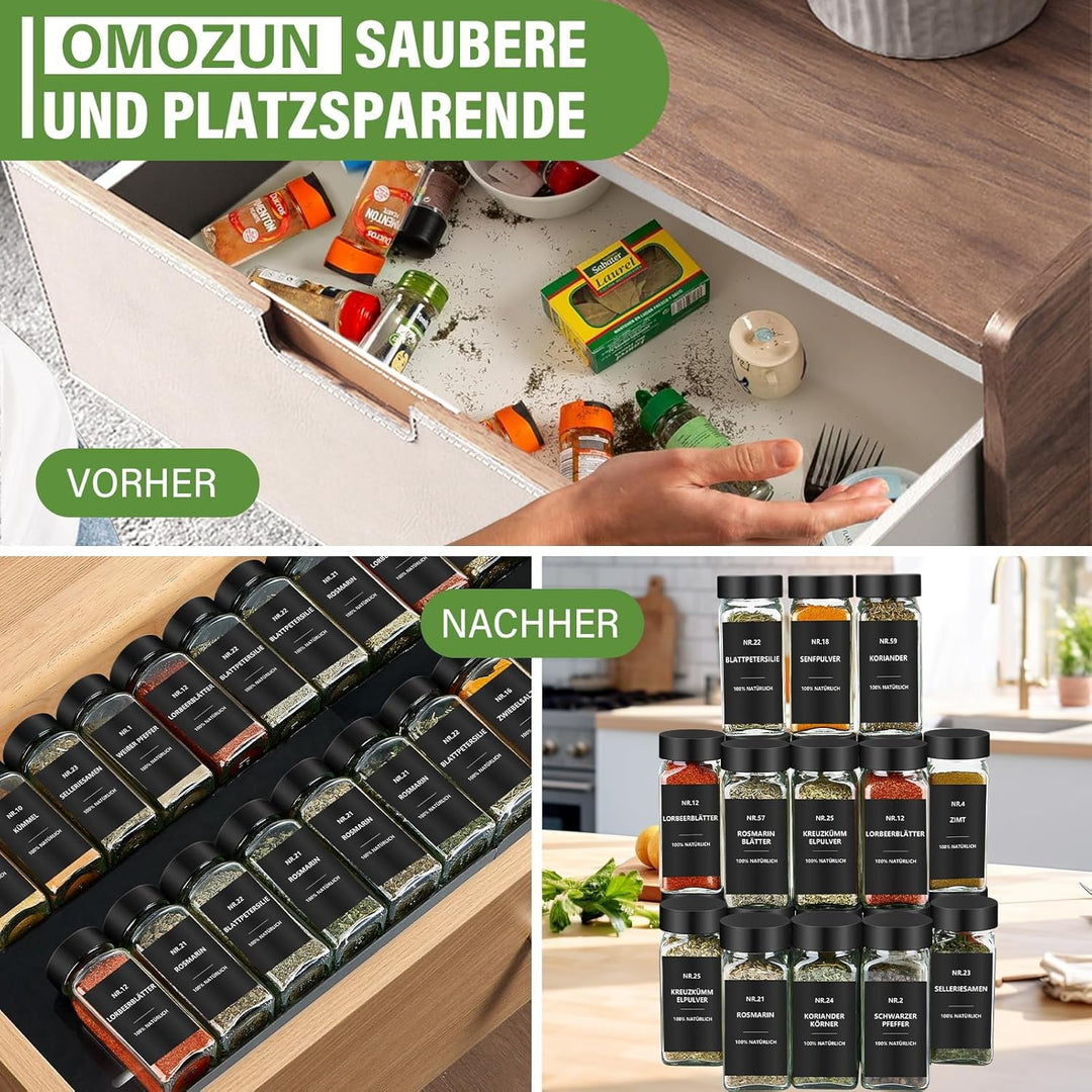 Gewürzgläser Eckig mit Etiketten Set 24er: Kleine Gewürzdosen Glas 120ml mit Streueinsatz Wasserfest