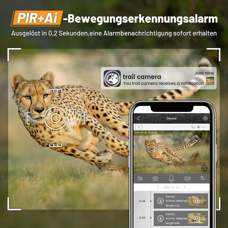 XTU 4G LTE Wildkamera mit SIM Karte - 2,5K Solar Wildtierkamera mit Handyübertragung App,PIR Bewegun