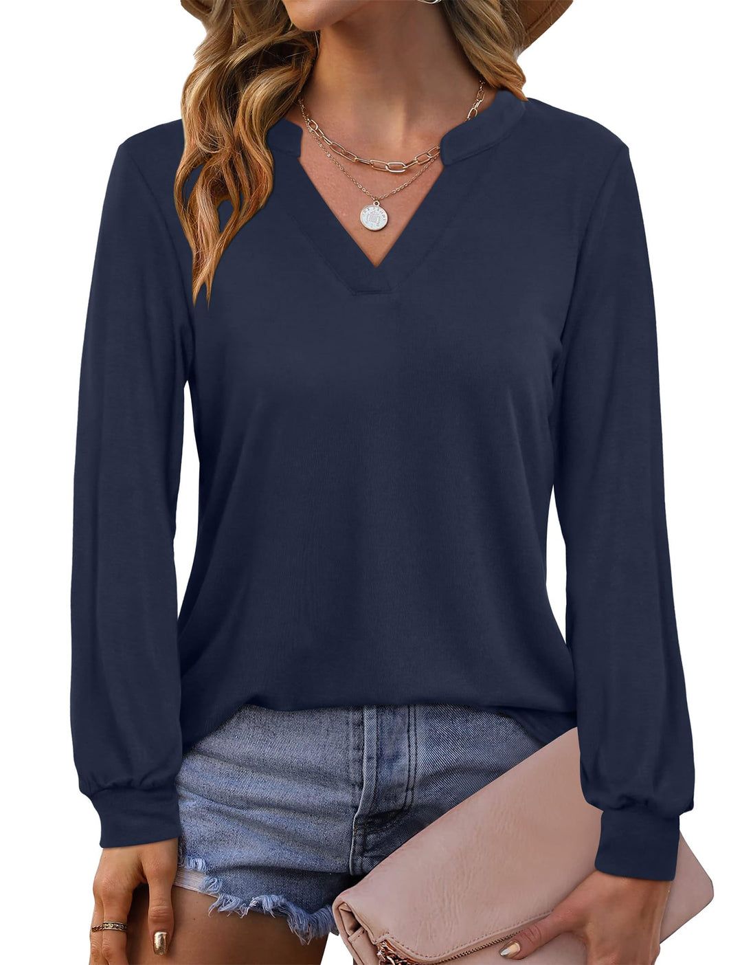 Beluring Langarmshirt Damen Elegant V Ausschnitt Tunika Bluse Einfarbig T-Shirt M Marineblau, M Mari
