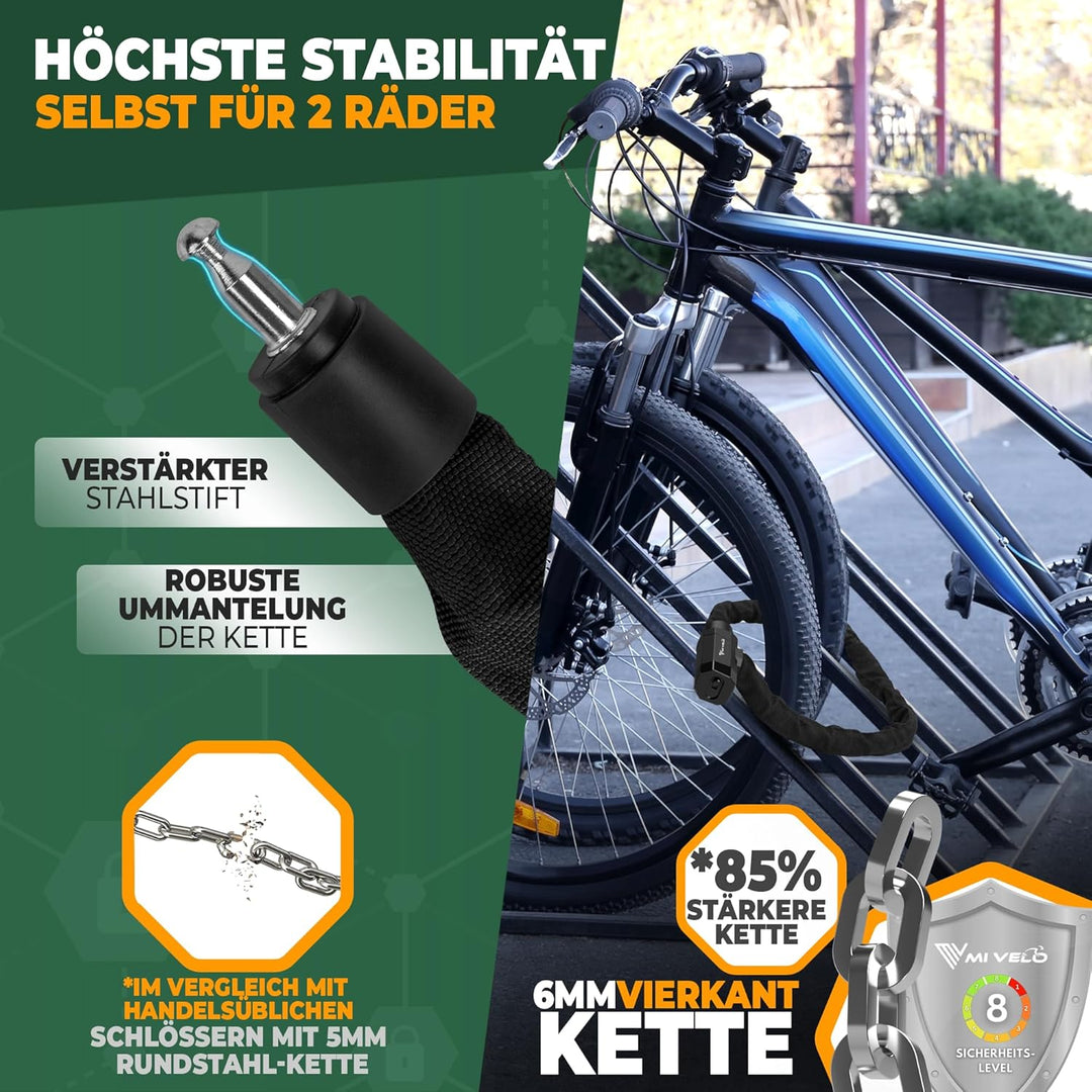MIVELO Fahrradschloss Kettenschloss hohe Sicherheit - Schloss Fahrrad mit 6mm Vierkant-Kette I Radsc