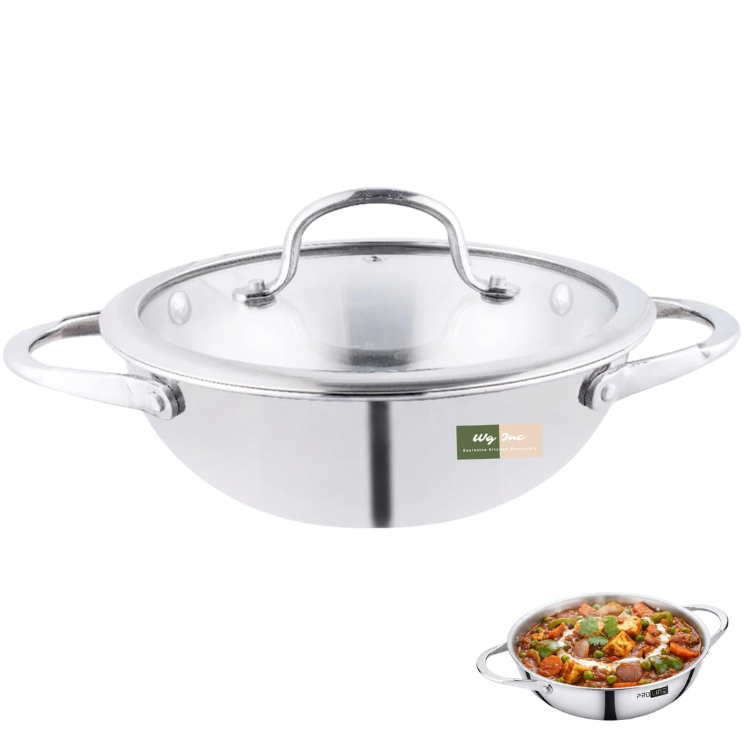 Edelstahl-Wok mit Deckel, alles verkleidete, dreilagige Kadhai, Pfanne zum Rühren, Eintöpfe, Saucen,