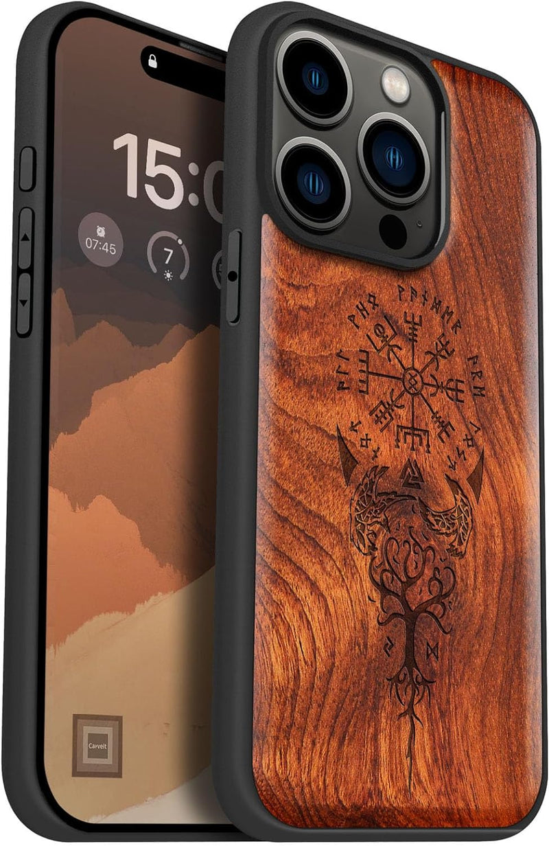 Carveit Holz Cover für iPhone 15 Pro hülle, Kompatibel mit Magsafe Silikon Stossfeste Cover, Magneti