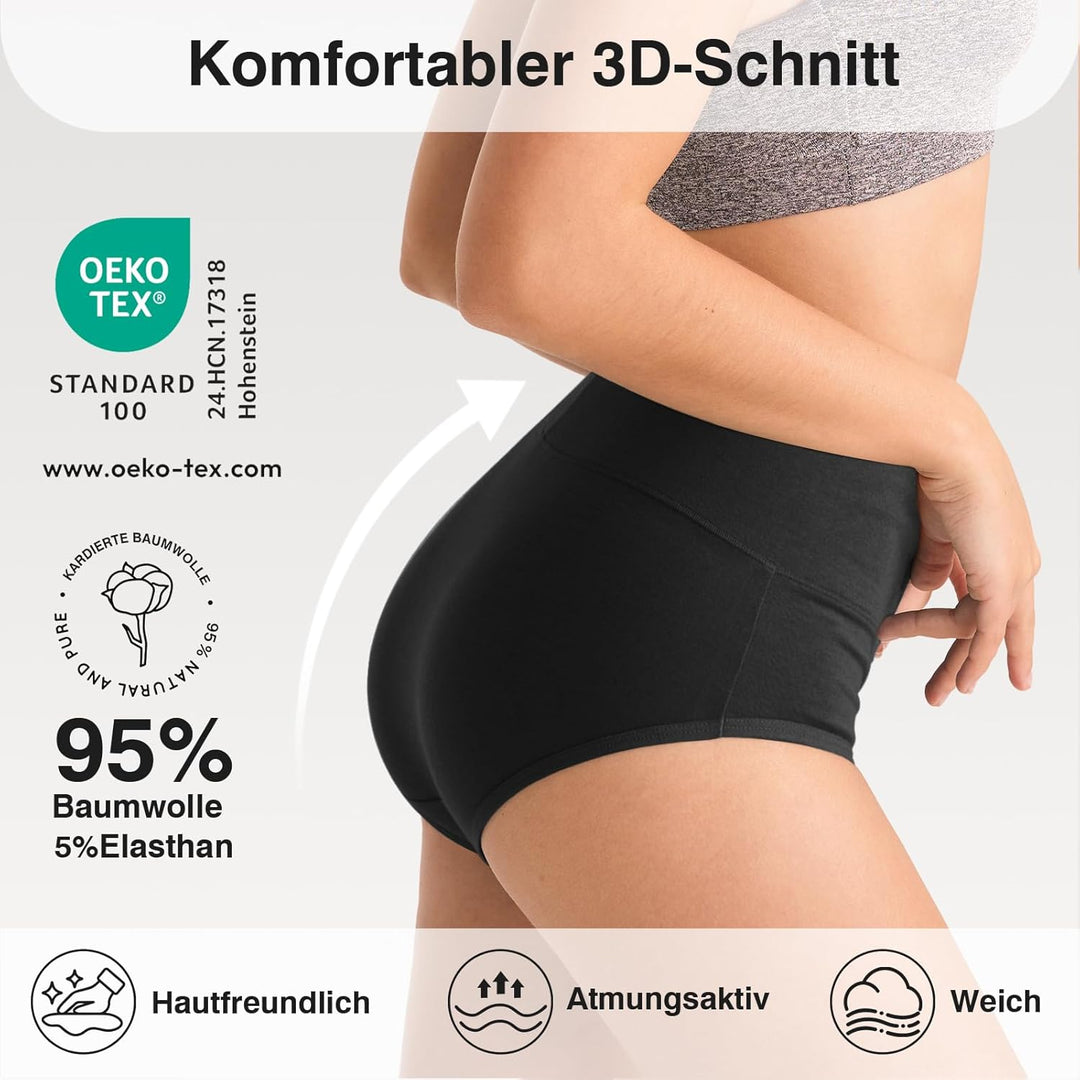 QINCAO Unterhosen Damen, 6er Pack Hohe Taille Slips Baumwolle Unterwäsche, Stretch Atmungsaktiv Pant