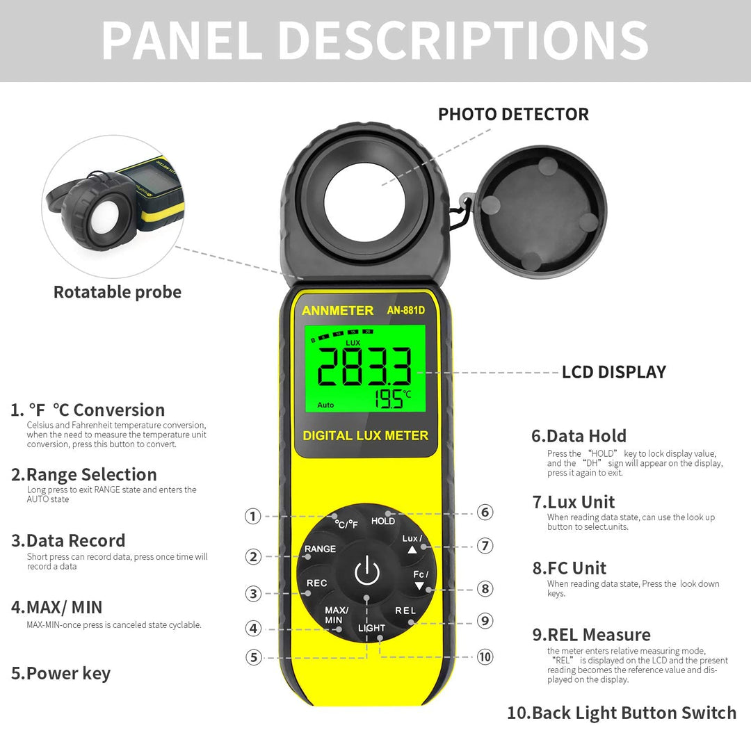 Digitaler Lux/Fusskerzen-Lichtmesser, AIOMEST Illuminance Lumen Tester 0,01~400.000 Lux, Handheld Lu