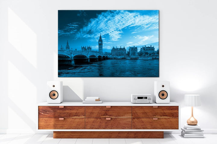 deyoli Skyline London Format: 80x60 Effekt: Monocrome Blau als Leinwandbild, Motiv fertig gerahmt au