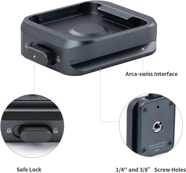 PGYTECH SnapLock Kamera Schnellwechselplatte, mit 1/4” und 3/8” Gewindebohrungen, Arca Swiss Schnitt