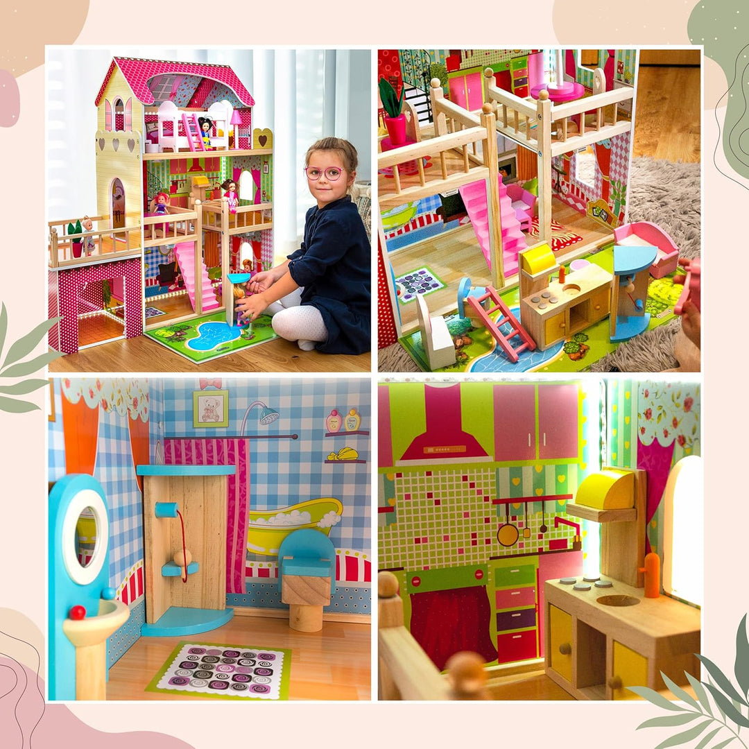 Kinderplay Puppenhaus Holz Gross, Puppenvilla, Puppenhaus Holz Gross komplett - Barbie Traumvilla, B
