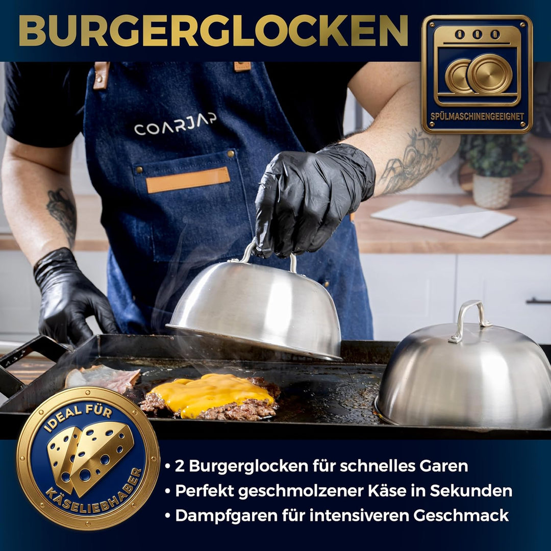 Smash Burger Set Premium 7-teilig – Burgerpresse, Grillspachtel & Scraper, 2 Burgerglocken, Gewürzst