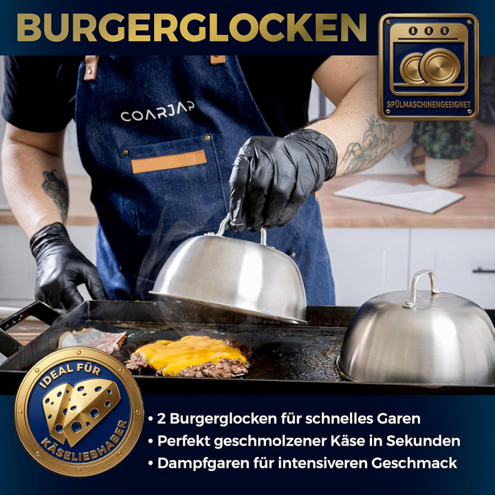 Smash Burger Set Premium 7-teilig – Burgerpresse, Grillspachtel & Scraper, 2 Burgerglocken, Gewürzst