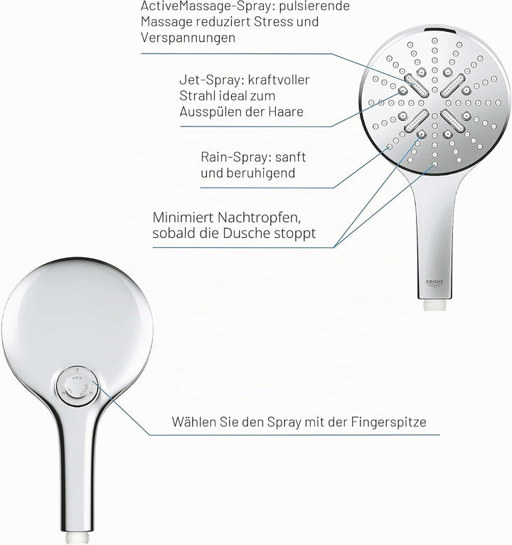 GROHE Rainshower 130 SmartActive | Handbrause 3 Strahlarten | Chrom | 26574000 Handbrause (Wasserspa