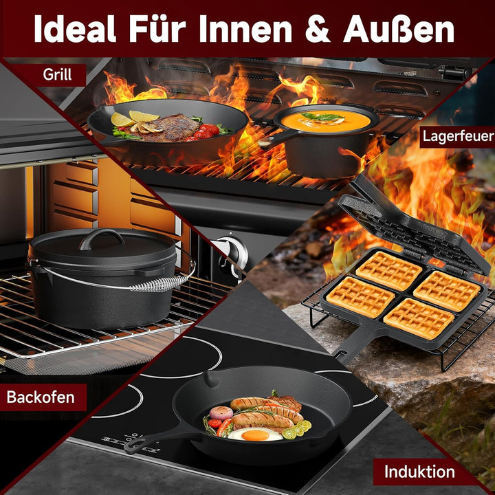 HOMELUX 12-teilig Dutch Oven Set in Holzkiste mit 4,5L Dutch Oven Topf &amp; 3,6L Saucier – Inkl. Grillp