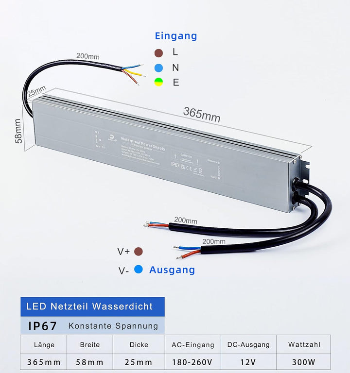 DUSKTEC LED Trafo 12V 300W Transformator IP67, Wasserdicht LED Netzteil Treiber AC 230V auf DC 12 Vo