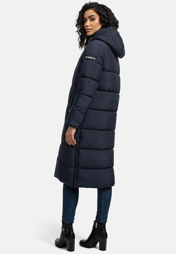 MARIKOO Damen Wintermantel Warmer Steppmantel lang mit Abnehmbarer Kapuze Reliziaa XS-3XL XL Navy, X